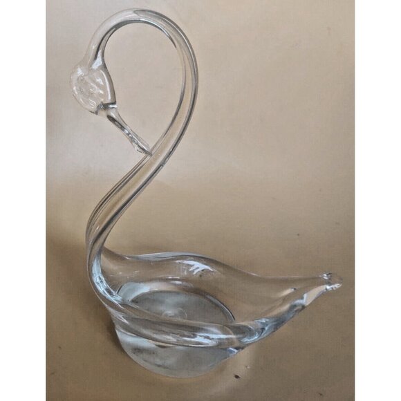 Duncan Miller Hand Blown Clear Glass Swan Trinket/Candy/Nut Bowl 7" x 7" x 3" - Picture 1 of 12